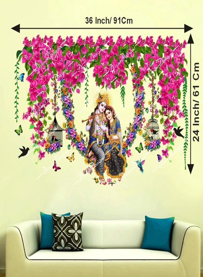 DivineDesigns ملصق حائط ذاتي اللصق من الفينيل PVC من DivineDesigns، بتصميم قفص زهور وردية صيفية ورادا كريشنا بانسوري، لتزيين المنزل/غرفة المعيشة (متعدد الألوان) - Image 3